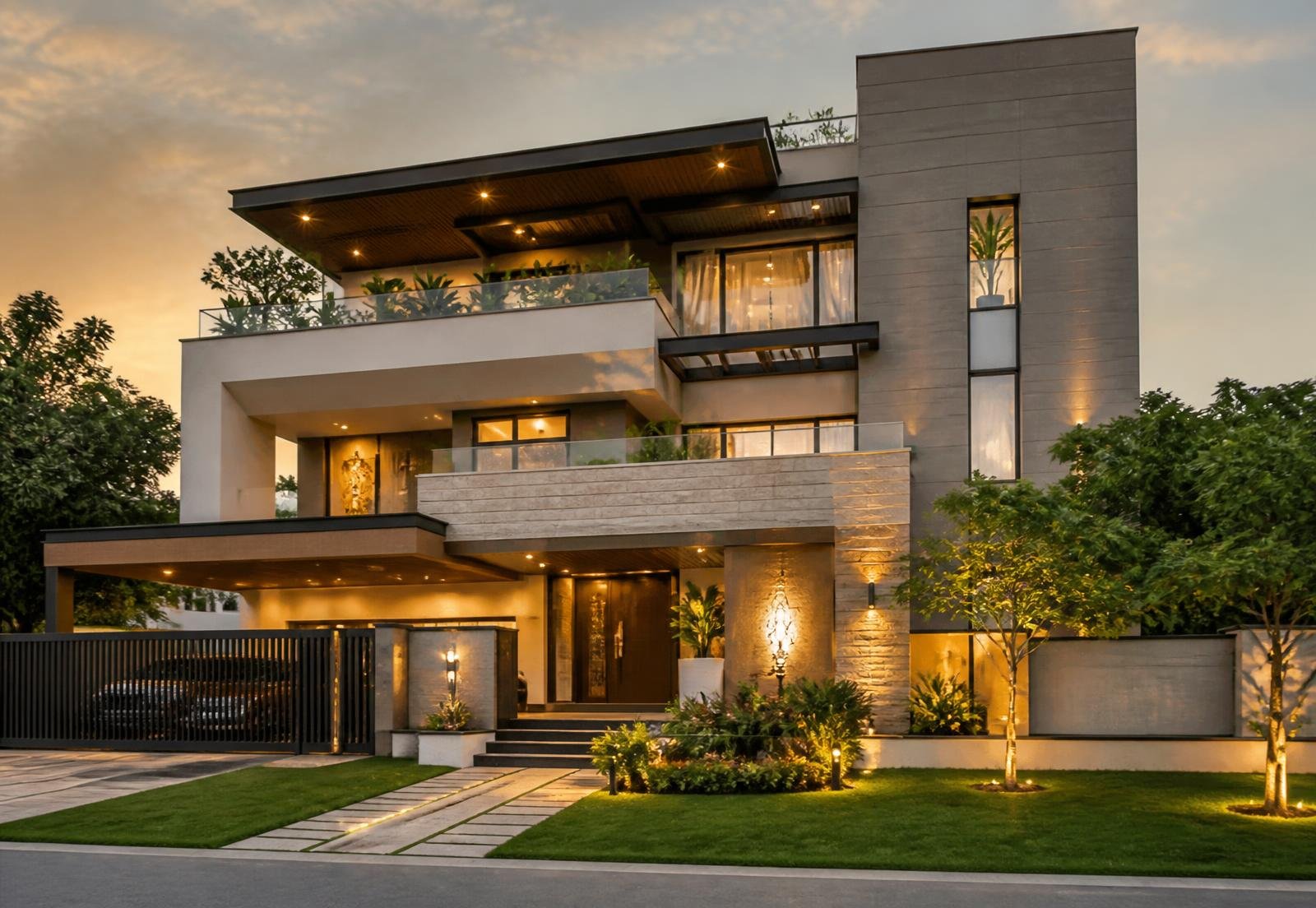 Modern residential home exterior in Ludhiana at golden hour